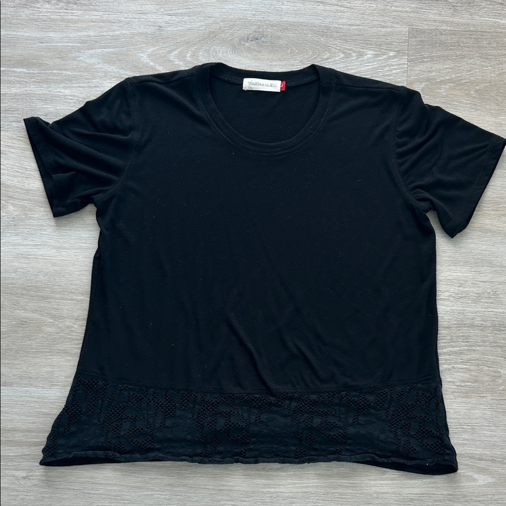 Anthropologie Women’s L Black Lace Trim Short Sleeve Cotton T-Shirt